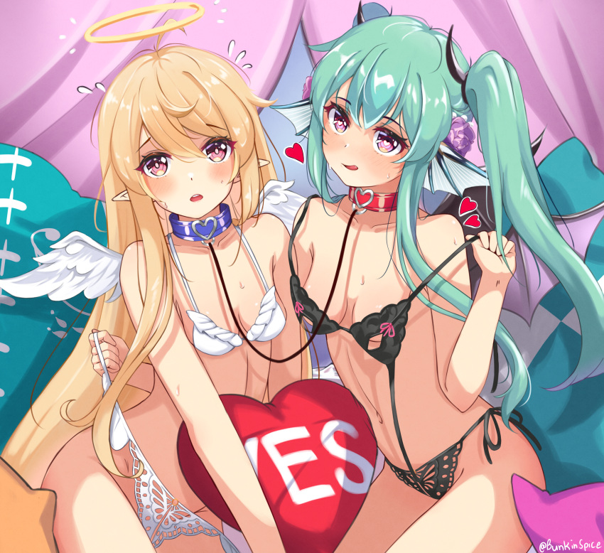 2girls absurdres ahoge alternate_hairstyle angel_wings artist_name bare_shoulders black_panties blonde_hair blue_collar blush bound_together bra bra_pull c_turtle clothes_lift clothes_pull collar collarbone commentary curtains cushion demon_horns demon_wings english_commentary excited finana_ryugu fins fish_girl flower flying_sweatdrops food fruit green_eyes green_hair groin hair_flower hair_ornament hairband halo head_fins heart heart-shaped_pupils highres horns lifting_another's_clothes lingerie linked_collar long_hair looking_at_viewer midriff multiple_girls navel nervous nijisanji nijisanji_en nipple_cutout nippleless_clothes open_mouth panties panty_lift pointy_ears pomu_rainpuff purple_curtains purple_eyes purple_flower red_collar red_eyes stomach sweat symbol-shaped_pupils tongue tongue_out twintails underwear very_long_hair virtual_youtuber wavy_hair white_panties wings yes yes-no_pillow