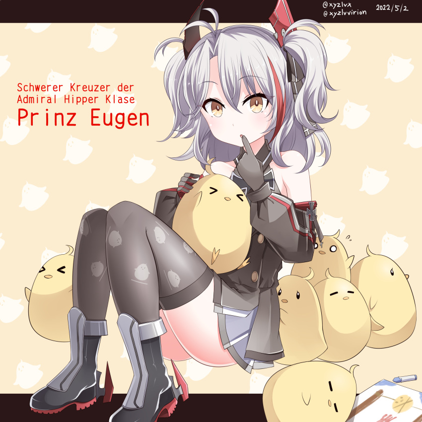 >_< :o absurdres animal animal_print azur_lane bare_shoulders bird bird_print black_footwear blush boots brown_background brown_eyes character_name chick closed_eyes commentary_request dated detached_sleeves dress female finger_to_mouth gloves grey_dress grey_gloves grey_hair grey_sleeves grey_thighhighs hair_between_eyes hebitsukai-san highres knees_up little_prinz_eugen_(azur_lane) long_sleeves looking_at_viewer manjuu_(azur_lane) multicolored_hair parted_bangs parted_lips pleated_skirt print_thighhighs puffy_long_sleeves puffy_sleeves red_hair sitting skirt sleeveless sleeveless_dress solo streaked_hair thighhighs thighhighs_under_boots twitter_username two_side_up white_skirt