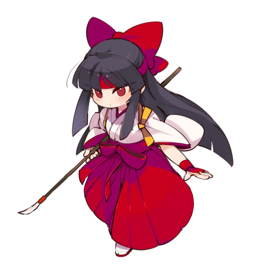 asuka_120_percent black_hair blush bow female fingerless_gloves full_body gloves hairbow hakama hakama_skirt headband highres hime_cut holding holding_polearm holding_weapon japanese_clothes kimono long_hair looking_at_viewer miko mota naginata owada_nana polearm red_eyes red_gloves red_ribbon ribbon simple_background skirt solo tasuki weapon white_background white_kimono