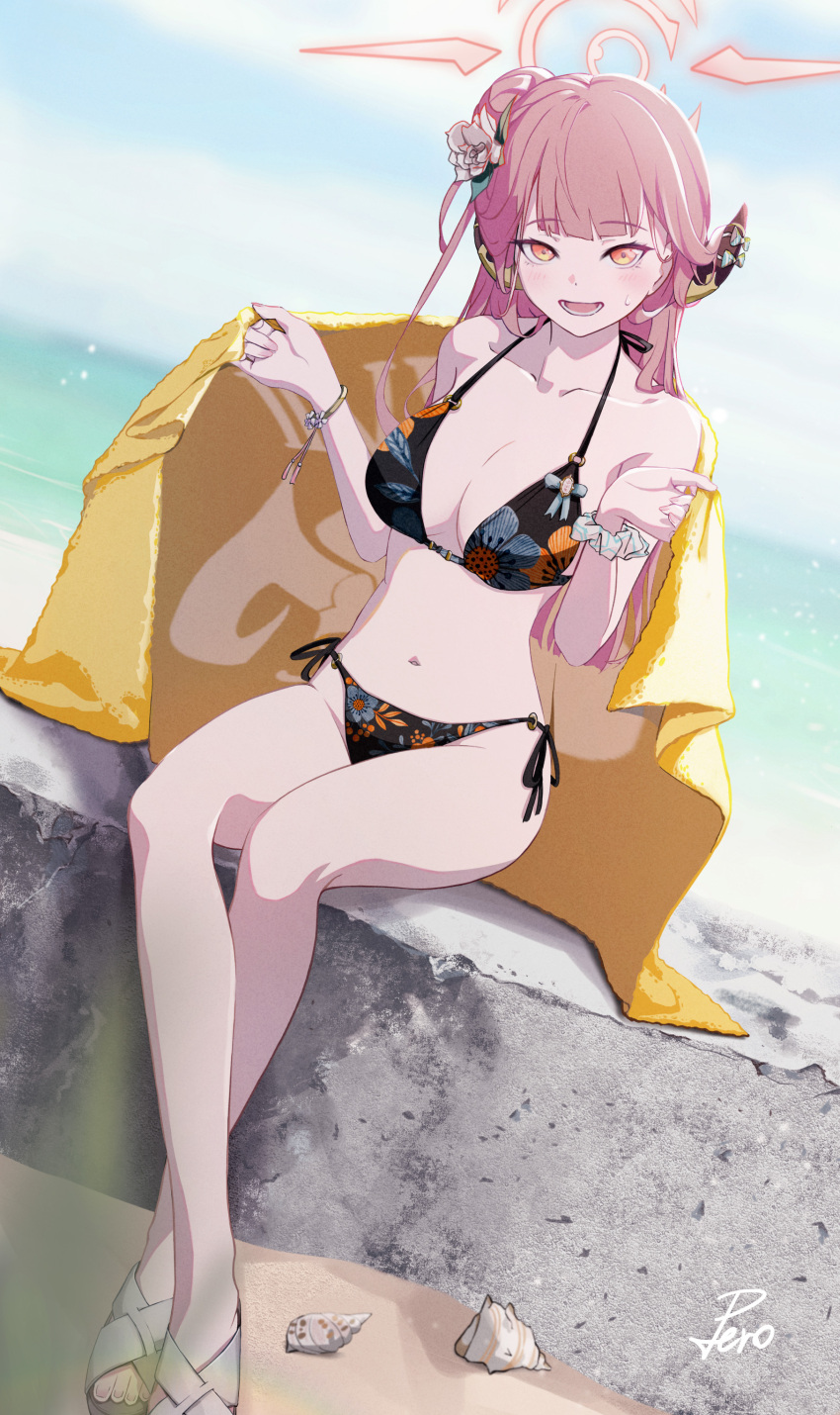 absurdres alternate_costume aru_(blue_archive) bad_anatomy bad_leg beach bikini black_bikini black_horns blue_archive blush breasts collarbone commentary_request day demon_horns female floral_print halo highres horns large_breasts legs long_hair looking_at_viewer md5_mismatch nail_polish navel open_mouth outdoors peropicnic pink_hair pink_halo print_bikini sandals signature sitting solo starfish swimsuit toenail_polish toenails toes yellow_eyes