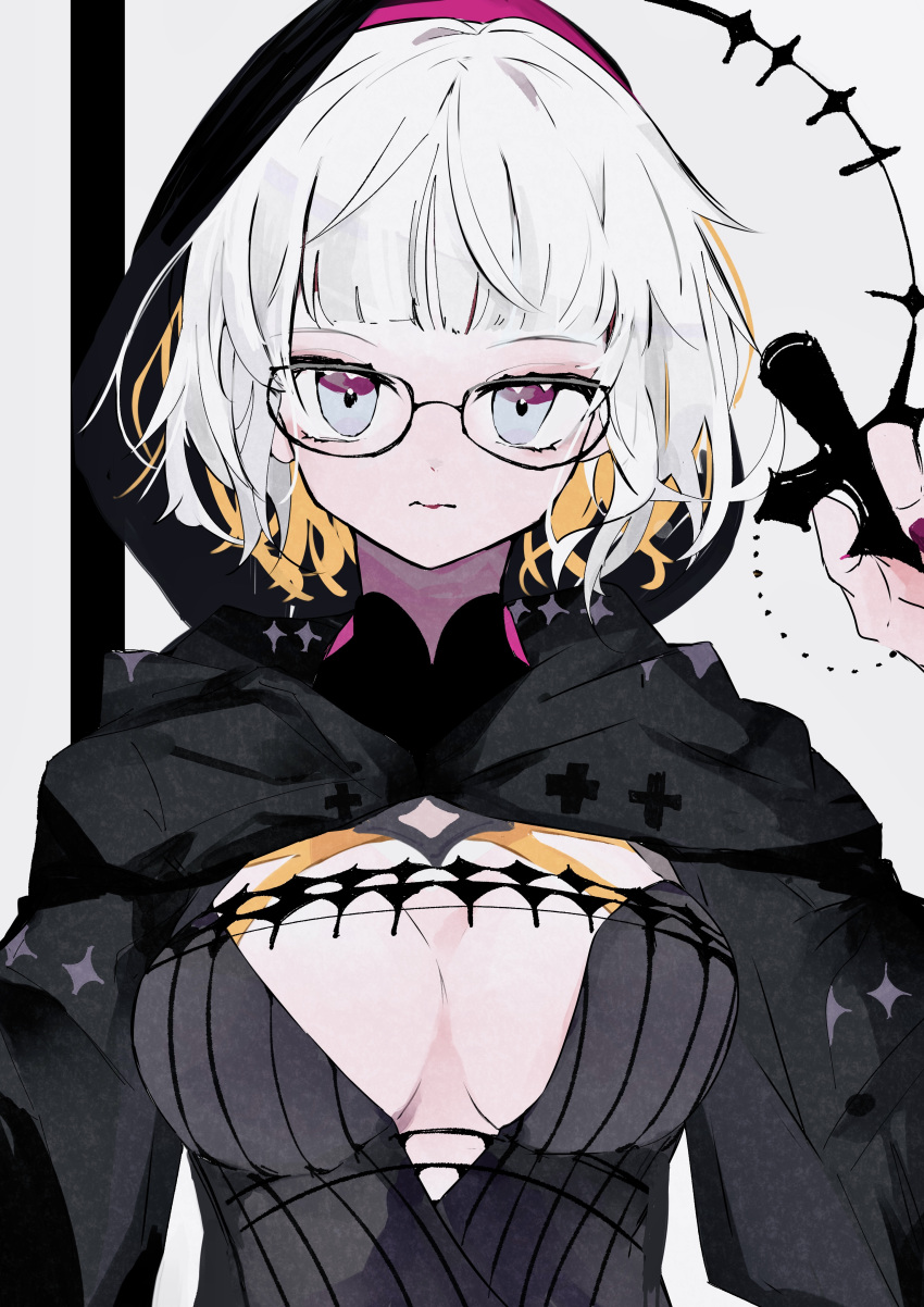 absurdres bad_id bad_pixiv_id black_dress black_jacket blue_eyes breasts cleavage commentary cropped_jacket dress fate/grand_order fate_(series) female glasses grey_hair highres hood hood_up hooded_jacket jacket jacques_de_molay_(foreigner)_(fate) jacques_de_molay_(foreigner)_(second_ascension)_(fate) large_breasts long_sleeves looking_at_viewer note_nii open_clothes open_jacket short_hair solo