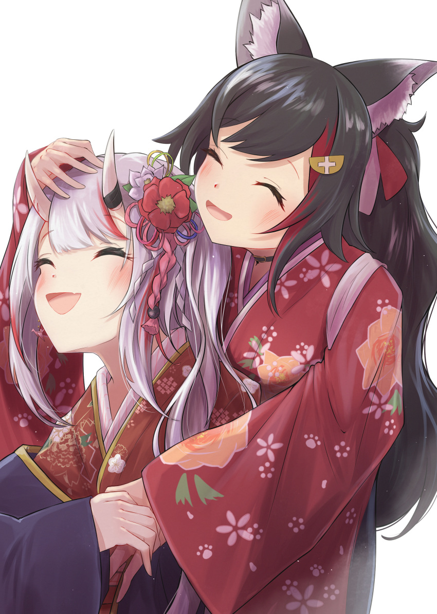 2girls :d ^_^ absurdres animal_ear_fluff animal_ears bad_id bad_pixiv_id black_hair blush closed_eyes floral_print flower grey_hair hair_flower hair_ornament hand_on_another's_head highres hilamaru hololive horns hug hug_from_behind japanese_clothes kanzashi kimono long_hair multicolored_hair multiple_girls nakiri_ayame nakiri_ayame_(new_year) official_alternate_costume oni ookami_mio ookami_mio_(new_year) open_mouth print_kimono red_kimono simple_background skin-covered_horns smile streaked_hair upper_body virtual_youtuber white_background wolf_ears wolf_girl