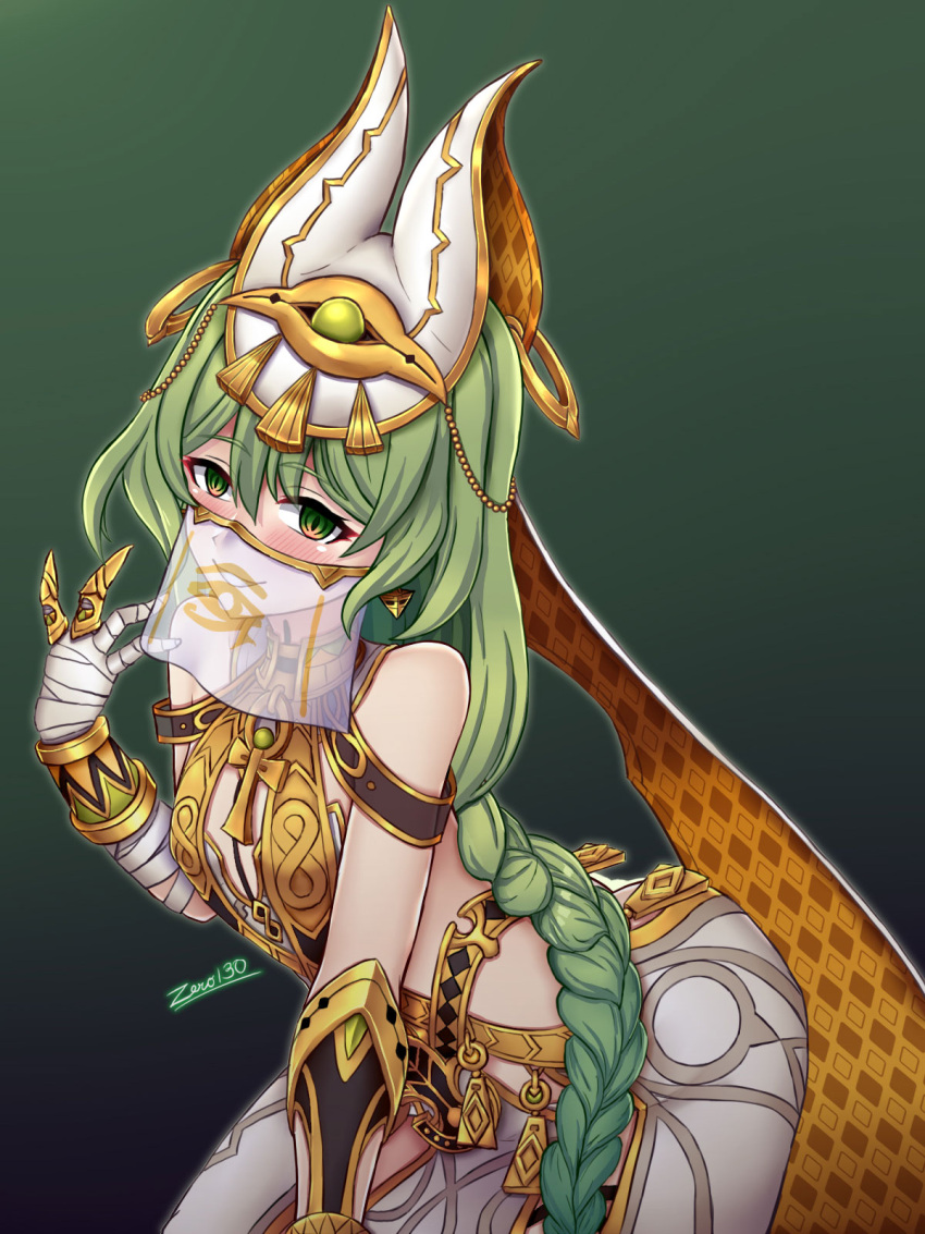 :d arabian_clothes arm_guards bandaged_arm bandages bare_shoulders braid braided_ponytail claw_ring earrings female green_background green_eyes green_hair grin highres honkai_(series) honkai_impact_3rd jewelry long_hair looking_at_viewer mobius_(honkai_impact) mobius_(scorching_gravel)_(honkai_impact) mouth_veil smile solo teeth veil zero130