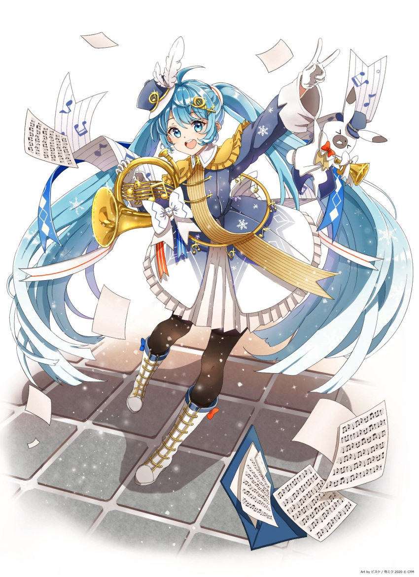 >_< 1other :d ahoge band_uniform black_pantyhose blue_eyes blue_hair blue_headwear boots commentary epaulettes feather_hair_ornament feathers female floating_hair french_horn full_body gloves gradient_hair hair_between_eyes hair_ornament hat_feather hatsune_miku highres holding holding_instrument instrument knee_boots long_hair looking_at_viewer macha_3939 mini_shako_cap miniskirt multicolored_hair open_mouth pantyhose pavement pleated_skirt rabbit rabbit_yukine sheet_music skirt smile snowflake_hair_ornament snowflake_print twintails very_long_hair vocaloid white_background white_feathers white_footwear white_gloves white_skirt yuki_miku yuki_miku_(2020)