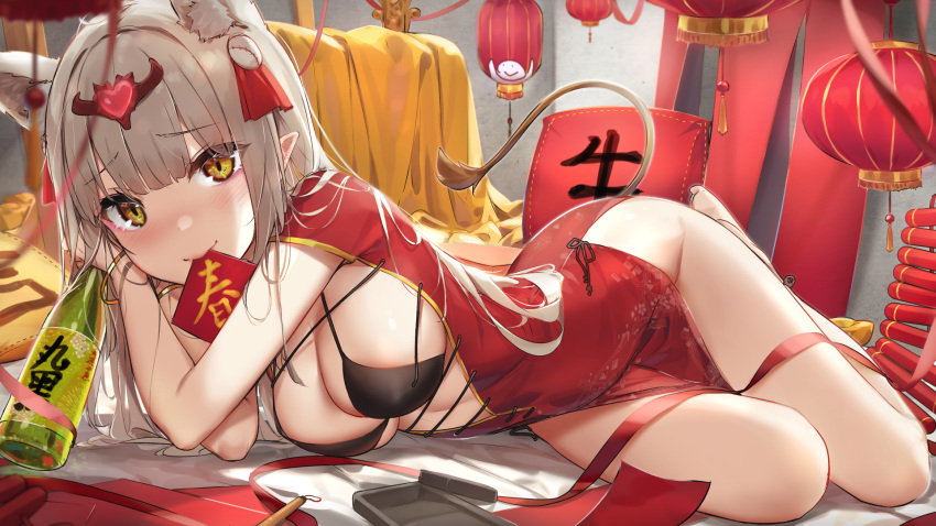 alcohol animal_ear_fluff animal_ears bikini black_bikini bottle breasts china_dress chinese_clothes cleavage dress female gold_trim grey_hair groin highres holding lantern large_breasts long_hair looking_at_viewer lying mouth_hold no_panties on_stomach open_clothes orange_eyes original paper_lantern pelvic_curtain pointy_ears red_dress revealing_clothes short_sleeves sidelocks smile solo string_bikini swimsuit tail thighs wet.elephant