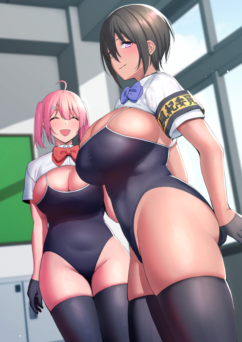 2girls ahoge amano_don armband bad_id bad_twitter_id black_gloves black_hair black_legwear black_one-piece_swimsuit blush bow breasts cleavage closed_eyes closed_mouth gloves half_gloves highres huge_breasts kitamura_chika(amano_don) long_hair looking_at_viewer multiple_girls one-piece_swimsuit open_mouth original pink_hair purple_eyes red_bow sakurai_hana(amano_don) short_hair short_sleeves shrug_(clothing) swept_bangs swimsuit taut_clothes taut_swimsuit thighhighs thighs twintails