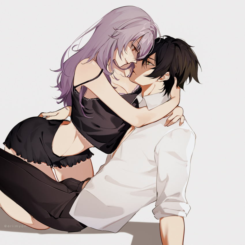 1boy alternate_body_size black_camisole black_hair black_shorts breasts camisole collared_shirt eriimyon female frilled_shorts frills green_eyes hand_on_another's_ass highres hiiragi_shinoa hug hyakuya_yuuichirou large_breasts light_purple_hair long_hair looking_at_another navel orange_eyes owari_no_seraph seductive_smile shadow shirt short_hair short_shorts shorts smile straight unbuttoned unbuttoned_shirt underwear white_background white_shirt wing_collar