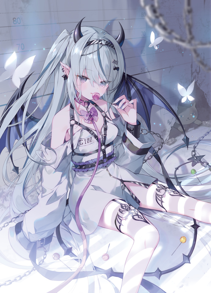 :q bare_shoulders black_wings blue_eyes blue_wings blush candy chains closed_mouth commentary_request demon_girl demon_horns demon_tail demon_wings dress ear_piercing feet_out_of_frame female fingernails food garter_straps grey_hair hair_between_eyes highres holding holding_candy holding_food holding_lollipop horns ibara_riato lollipop long_fingernails long_hair long_sleeves looking_at_viewer one_side_up original piercing pointy_ears sitting sleeves_past_fingers sleeves_past_wrists smile solo striped_clothes striped_thighhighs tail thighhighs tongue tongue_out two-tone_wings very_long_hair white_dress wings