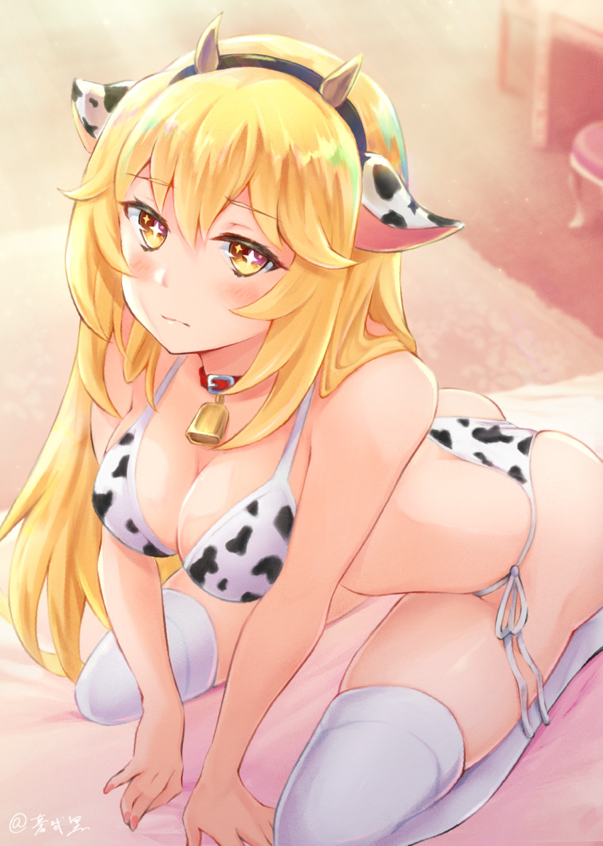 animal_ears animal_print aonikuro arm_support bad_id bad_pixiv_id bell bikini blonde_hair blush breasts bright_pupils carpet chinese_zodiac cleavage closed_mouth cow_ears cow_horns cow_print cow_print_bikini cowbell embarrassed fake_animal_ears fake_horns female highres horns indoors large_breasts long_hair looking_at_viewer on_bed print_bikini shokuhou_misaki side-tie_bikini_bottom sitting solo sparkle sparkling_eyes star-shaped_pupils star_(symbol) swimsuit symbol-shaped_pupils thighhighs toaru_kagaku_no_mental_out toaru_kagaku_no_railgun toaru_majutsu_no_index wariza white_bikini white_thighhighs year_of_the_ox yellow_eyes yellow_pupils