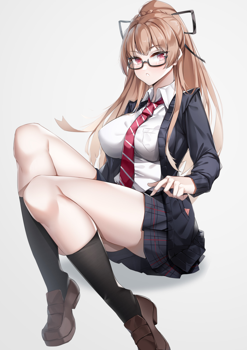 absurdres azur_lane black_jacket black_ribbon black_skirt black_socks blush braid breasts brown_footwear brown_hair commentary english_commentary female french_braid glasses hair_ornament hair_ribbon highres jacket knees legs long_hair looking_at_viewer lubikaya medium_breasts necktie official_alternate_costume purple_eyes red_necktie ribbon school_uniform shirt shoes sitting skirt socks solo swiftsure_(azur_lane) swiftsure_(study_hall_cyclamen)_(azur_lane) white_background white_shirt