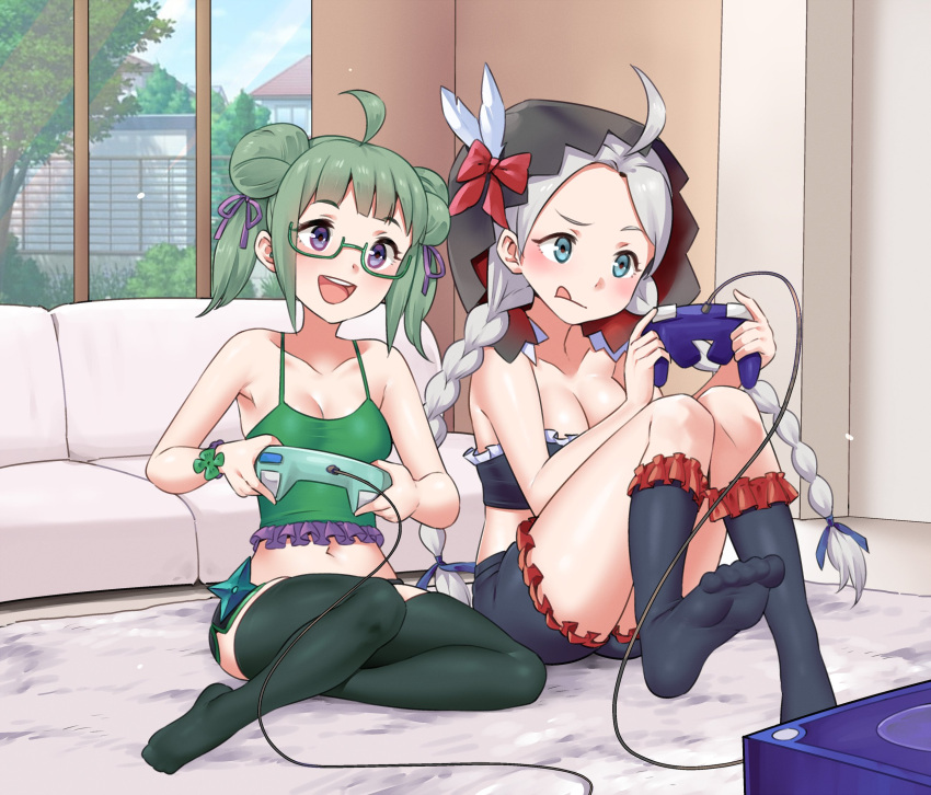 2girls ahoge alternate_costume bespectacled blue_pajamas braid breasts cleavage contemporary controller crop_top double_bun english_commentary fire_emblem fire_emblem_fates game_console game_controller gamecube glasses green_pajamas hair_bun highres igni_tion indoors kneehighs low_twin_braids medium_breasts midori_(fire_emblem) midriff multiple_girls nina_(fire_emblem) pajamas playing_games shorts socks thighhighs twin_braids