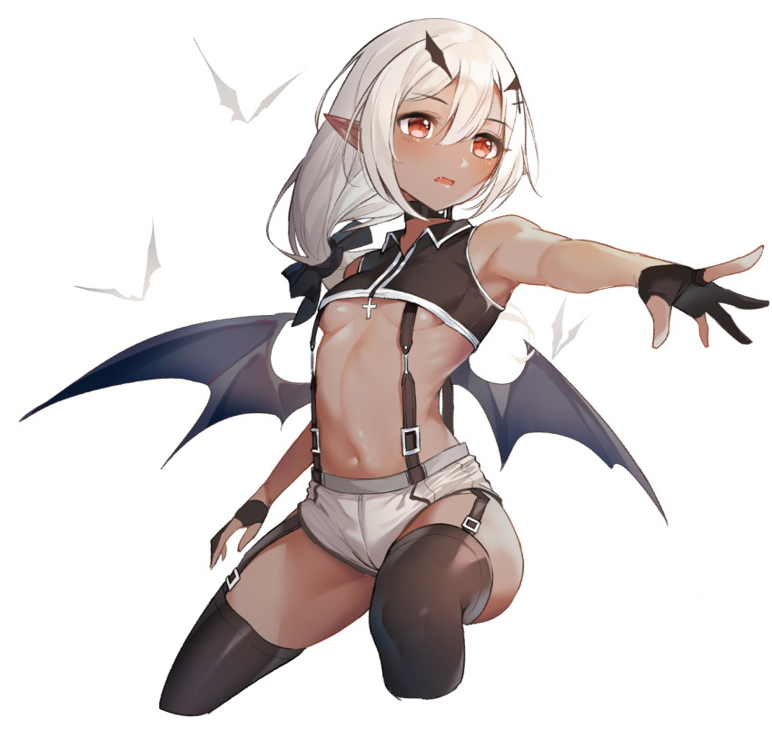 armpits bare_arms bare_shoulders black_choker black_gloves black_shirt black_thighhighs breasts choker collared_shirt commentary crop_top cropped_legs dark_skin demon_girl demon_wings female garter_straps gloves grey_shorts hair_between_eyes hair_ribbon highres long_hair looking_at_viewer looking_away micro_shorts midriff navel no_bra oerba_yun_fang open_mouth original outstretched_arm partially_fingerless_gloves pointy_ears red_eyes revealing_clothes ribbon shirt shorts simple_background sleeveless sleeveless_shirt small_breasts snozaki solo stomach suspenders thighhighs thighs underboob white_background white_hair wings