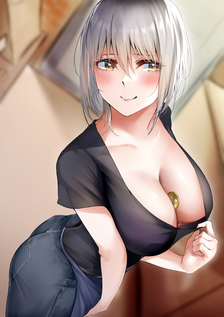 absurdres apron bad_id bad_pixiv_id between_breasts black_skirt blurry blurry_background blush bra bra_peek breasts cleavage clothes_pull coin collarbone commentary_request denim female grey_hair hair_between_eyes highres indoors jeans large_breasts len_(hand_linke) looking_at_viewer original pants pink_bra shirt_pull short_hair short_sleeves skirt smile standing underwear yellow_eyes