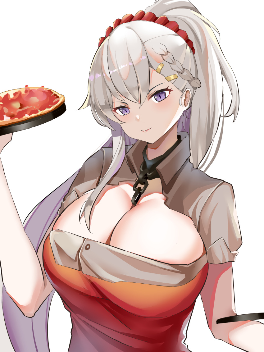 absurdres azur_lane belfast_(azur_lane) belfast_(piping-hot_perfection)_(azur_lane) braid breasts chain_necklace chains chinese_commentary cleavage closed_mouth commentary dress duplicate female food french_braid grey_hair hair_ribbon highres holding holding_food holding_pizza jewelry large_breasts long_hair looking_at_viewer necklace official_alternate_costume pixel-perfect_duplicate pizza ponytail purple_eyes red_ribbon ribbon she_taizi solo white_background