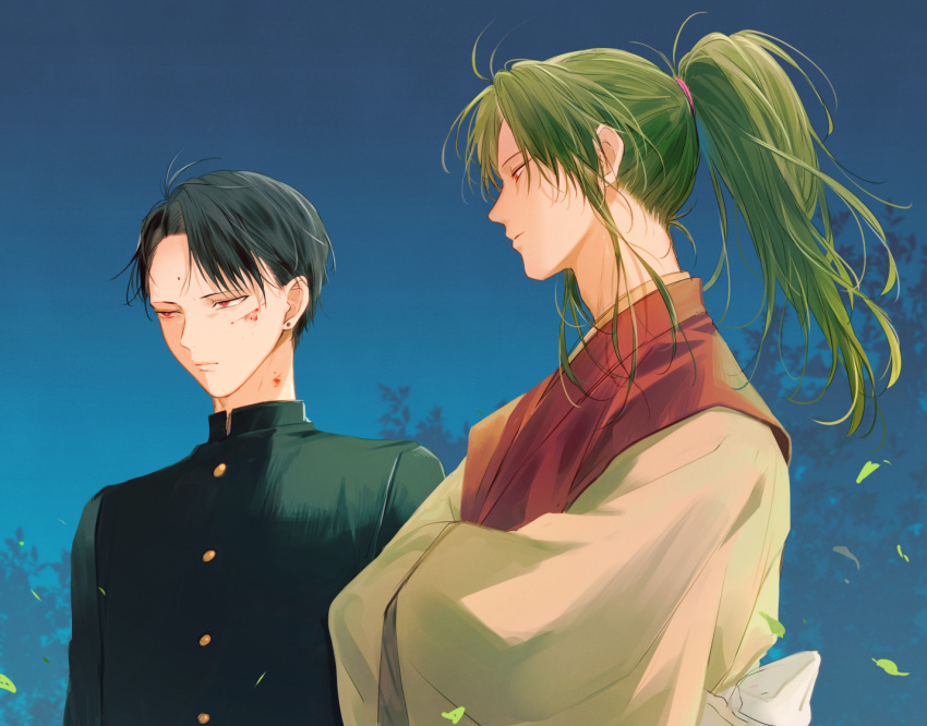 2boys aged_down araratake bindi black_hair blood blood_on_face crossed_arms cuts dark_skin expressionless green_hair injury itsuki_(yu_yu_hakusho) leaf long_hair male_focus multiple_boys ponytail red_eyes sensui_shinobu short_hair simple_background upper_body yellow_eyes yu_yu_hakusho