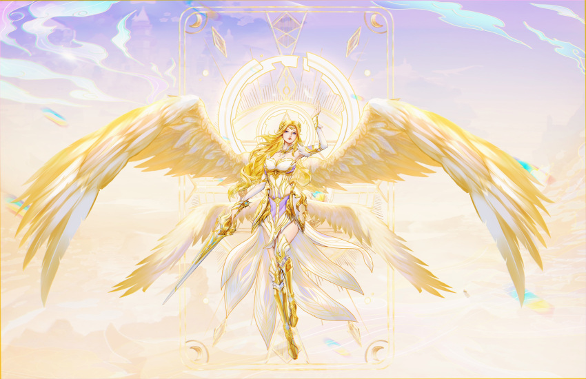 absurdres angel angel_wings armored_boots bare_shoulders blonde_hair blue_eyes boots breasts dawnvows detached_collar detached_sleeves douluo_dalu female floating full_body hair_ornament hand_up highres holding holding_sword holding_weapon long_hair looking_up medium_breasts parted_lips qian_renxue_(douluo_dalu) second-party_source solo sword teeth weapon wings