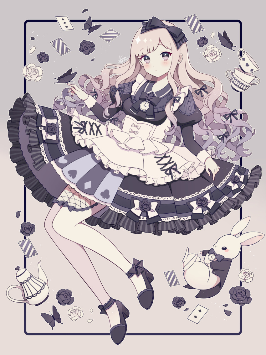 alice_in_wonderland blonde_hair blush bow bug butterfly center_frills closed_eyes clothing_cutout collared_dress commentary dress dress_bow dress_flower female floating flower footwear_bow frills hair_ribbon hairbow highres hoshifuru_akiyo juliet_sleeves lace_trim layered_dress lolita_fashion long_hair long_sleeves looking_at_viewer neck_ribbon original pendant_watch pinafore_dress playing_card_print puffy_sleeves purple_eyes purple_hair rabbit ribbon rose sleeve_cuffs sleeveless sleeveless_dress solo strappy_heels striped_clothes striped_dress symbol-only_commentary tea_set thigh_cutout very_long_hair watch wavy_hair