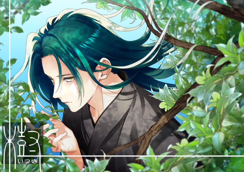 1boy bad_id bad_pixiv_id branch cover cover_page doujin_cover green_hair highres itigojam11234 itsuki_(yu_yu_hakusho) leaf lips long_hair looking_at_viewer male_focus parted_lips solo upper_body yellow_eyes yu_yu_hakusho