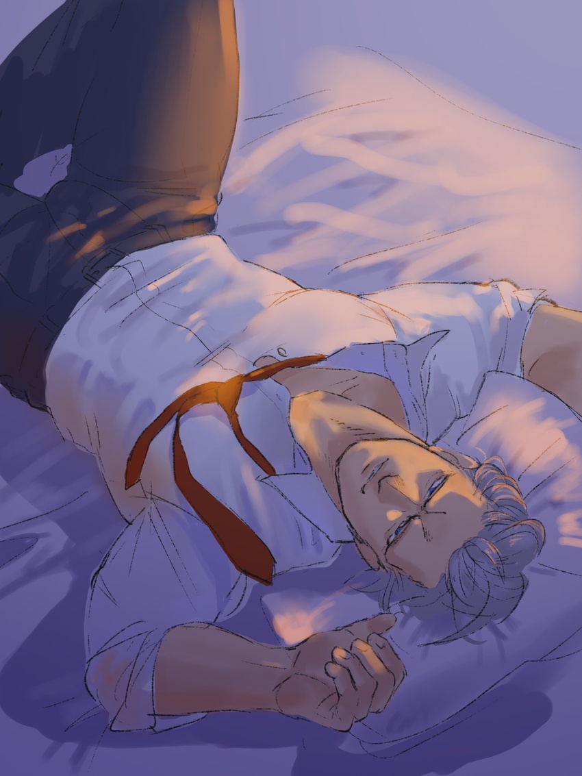 1boy andy_(undead_unluck) bara collared_shirt dark feet_out_of_frame grey_hair highres knee_up large_pectorals light_smile looking_at_viewer loose_necktie lying male_focus miami0158 muscular muscular_male necktie on_back on_bed partially_unbuttoned pectorals red_necktie shirt short_hair smile solo undead_unluck