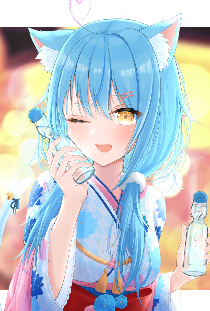 ;d absurdres ahoge animal_ear_fluff animal_ears blue_hair blurry blurry_background blush bottle cat_ears cat_girl cat_tail depth_of_field female hair_between_eyes hair_ornament hairclip heart heart_ahoge highres holding holding_bottle hololive honome_sui japanese_clothes kimono long_hair looking_at_viewer low_twintails official_alternate_costume official_alternate_hairstyle one_eye_closed open_mouth ramune ribbon smile solo tail tail_ornament tail_ribbon twintails upper_body virtual_youtuber yellow_eyes yukihana_lamy yukihana_lamy_(new_year)