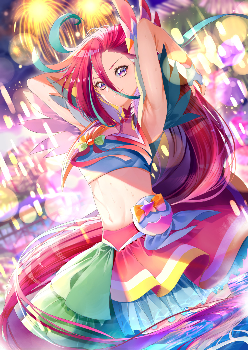 absurdres armpits blue_hair bow closed_mouth cowboy_shot crop_top cure_flamingo female fireworks hair_between_eyes highres layered_skirt long_hair looking_at_viewer magical_girl midriff multicolored_hair orange_bow pouch precure purple_eyes red_hair red_skirt skirt smile solo standing star_(symbol) streaked_hair takizawa_asuka tropical-rouge!_precure two-tone_hair water wet white_skirt yuutarou_(fukiiincho)