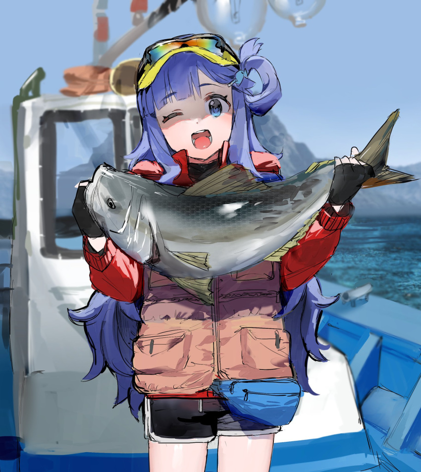 :d ;d animal asari_nanami black_gloves black_shorts blue_hair boat cowboy_shot dohyo123123 fanny_pack female fingerless_gloves fish fish_hair_ornament fishing gloves goggles goggles_on_head hair_bun hair_ornament highres holding holding_animal holding_fish idolmaster idolmaster_cinderella_girls long_hair mountain ocean one_eye_closed open_mouth red_sweater red_vest sea_bass short_shorts shorts sidelocks single_hair_bun smile solo sweater vest watercraft