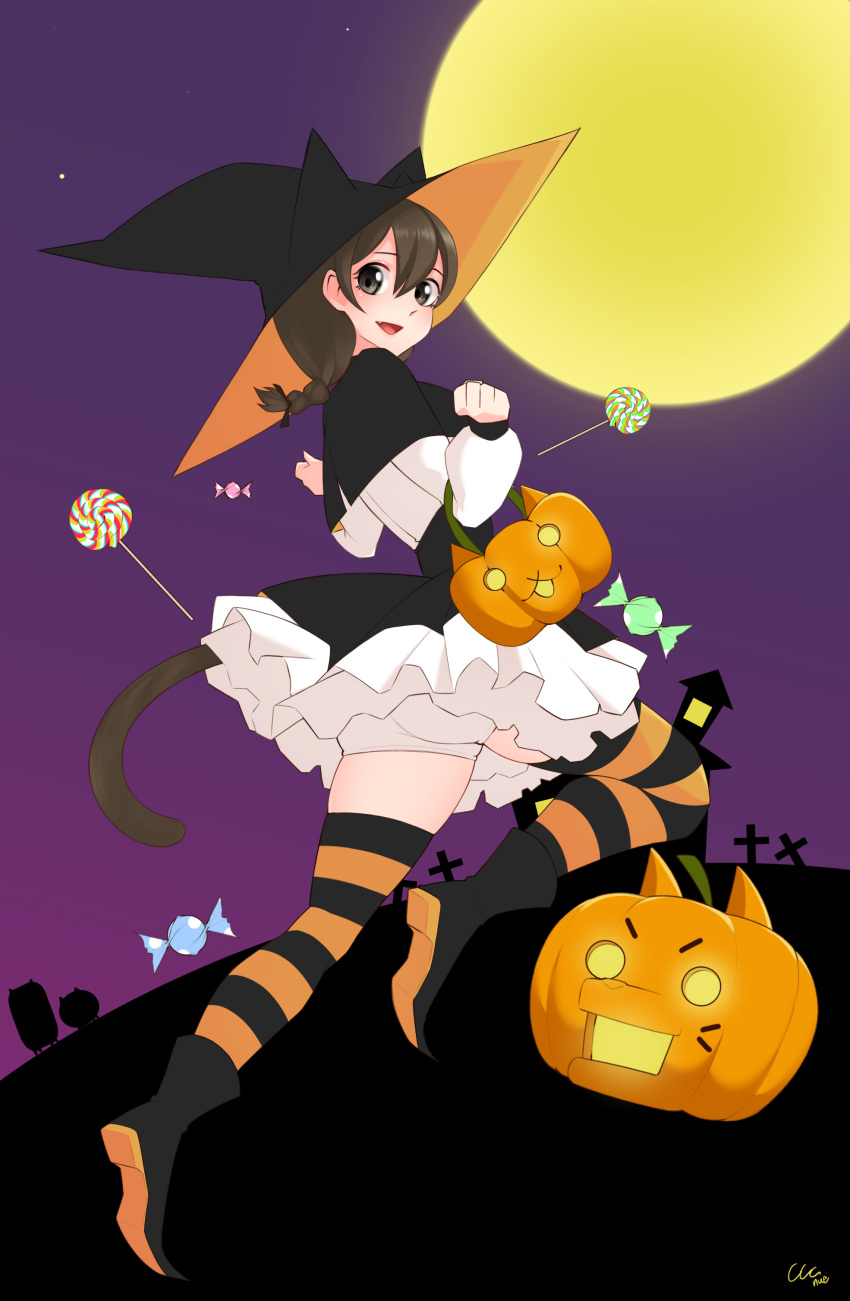 absurdres ass black_eyes black_footwear bloomers braid breasts brown_hair candy cat_(nyanko_daisensou) cat_tail cow_coconut doggy_(nyanko_daisensou) female food halloween halloween_costume hat highres jack-o'-lantern lollipop mansion minya_(nyanko_daisensou) moon nyanko_daisensou striped_clothes striped_thighhighs tail thighhighs tombstone trick-or-treating underwear witch_hat