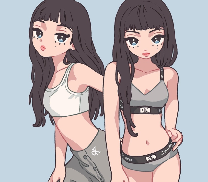 animification black_hair blackpink blue_background blue_eyes bra breasts collarbone commentary crop_top female grey_bra grey_panties grey_skirt guriming hand_on_own_hip hand_on_own_thigh head_tilt highres jennie_(blackpink) k-pop long_hair looking_at_viewer medium_breasts midriff mole mole_above_eye multiple_views navel panties pink_lips real_life skirt smile standing symbol-only_commentary tank_top underwear white_tank_top