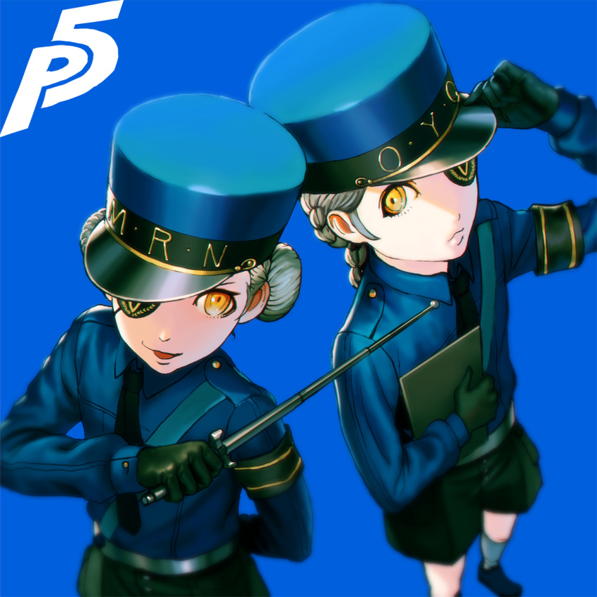 2girls armband black_gloves blue_background blue_headwear braid caroline_(persona_5) closed_mouth commentary_request eyepatch gloves grey_hair hair_bun hat highres justine_(persona_5) kakotomirai kepi military_hat multiple_girls necktie open_mouth orange_eyes persona persona_5 shorts siblings single_hair_bun socks twins