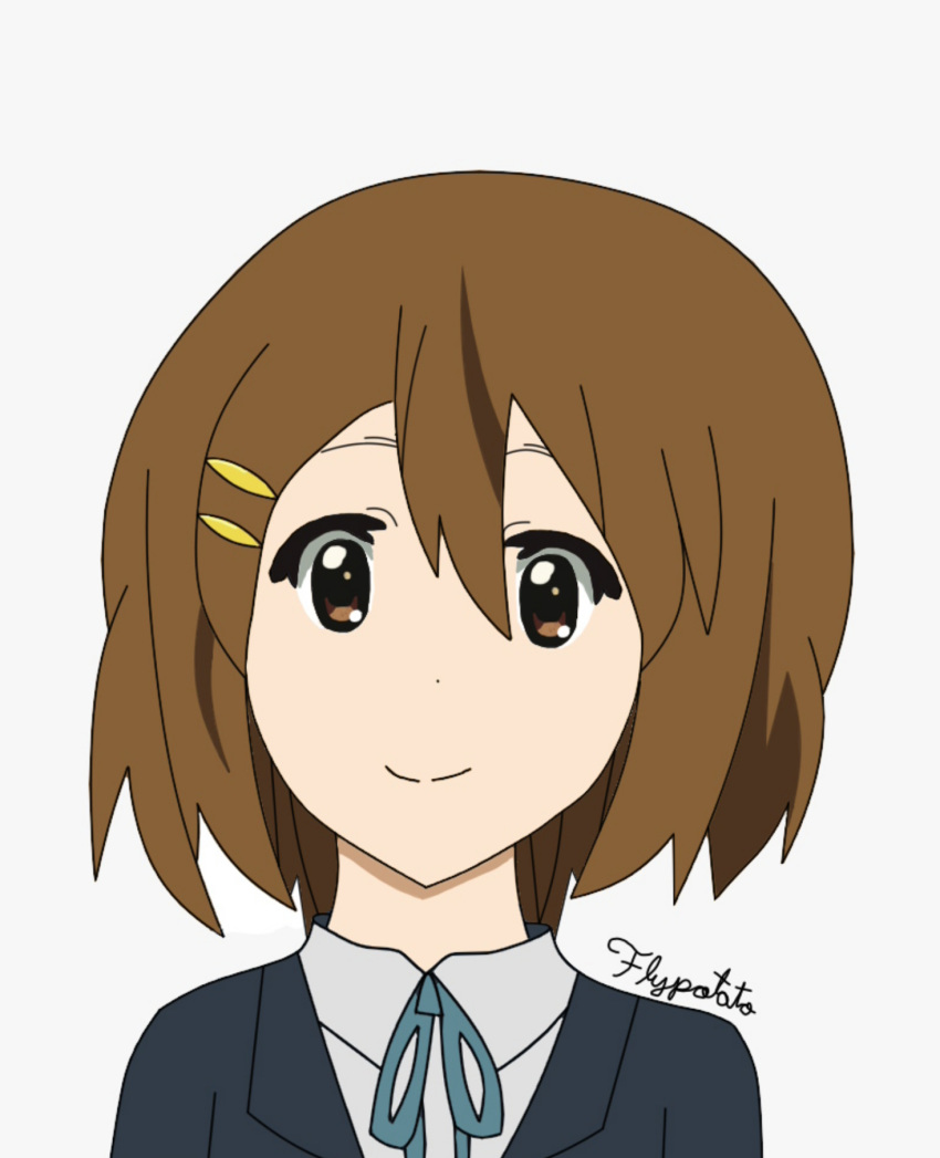 artist_name brown_eyes brown_hair commentary female flat_color flypotato fuwafuwa_time highres hirasawa_yui k-on! looking_at_viewer md5_mismatch sakuragaoka_high_school_uniform school school_uniform self-upload simple_background smile solo uniform upper_body