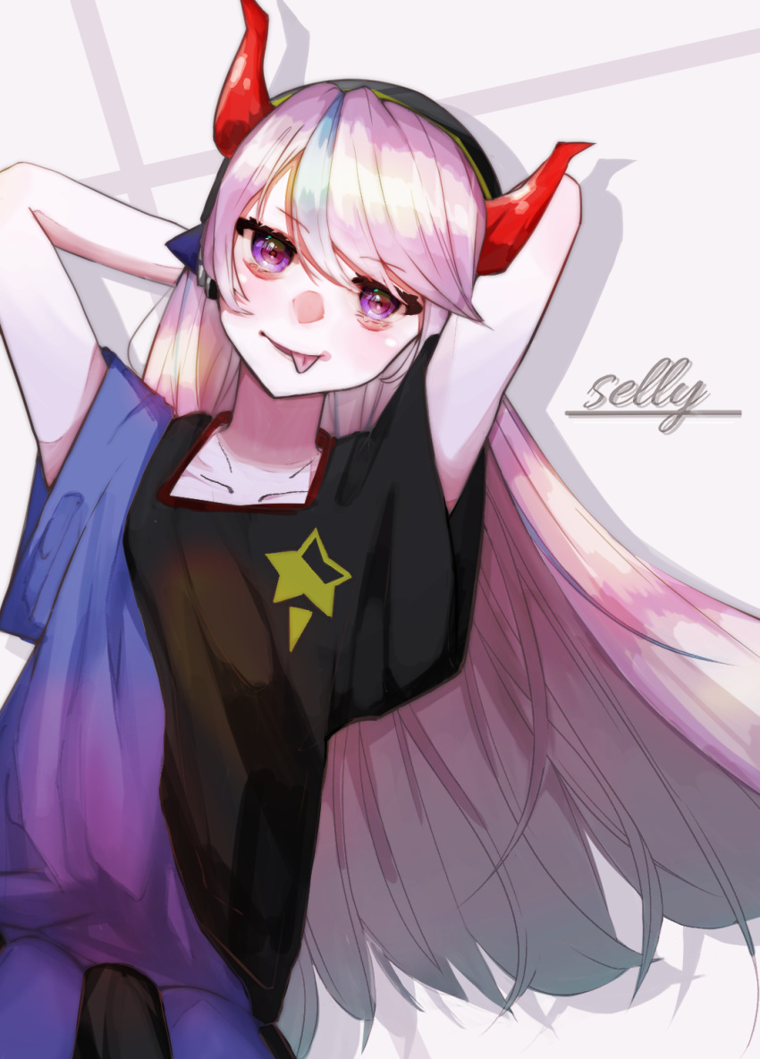 arms_behind_head black_shirt blue_hair blue_shirt character_name collarbone crazy_raccoon fake_horns female head_tilt highres horns long_hair multicolored_hair nappii_(natumikan0508) pink_hair purple_eyes selly55 shirt smile solo streaked_hair tongue tongue_out two-tone_shirt