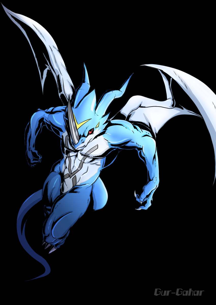 absurd_res anthro bandai_namco blue_body blue_skin claws countershading digimon digimon_(species) digimon_adventure digital_media_(artwork) dragon exveemon gur-gahar hi_res horn looking_at_viewer male membrane_(anatomy) membranous_wings muscular muscular_anthro muscular_male mythological_creature mythological_scalie mythology red_eyes scalie solo tail wings