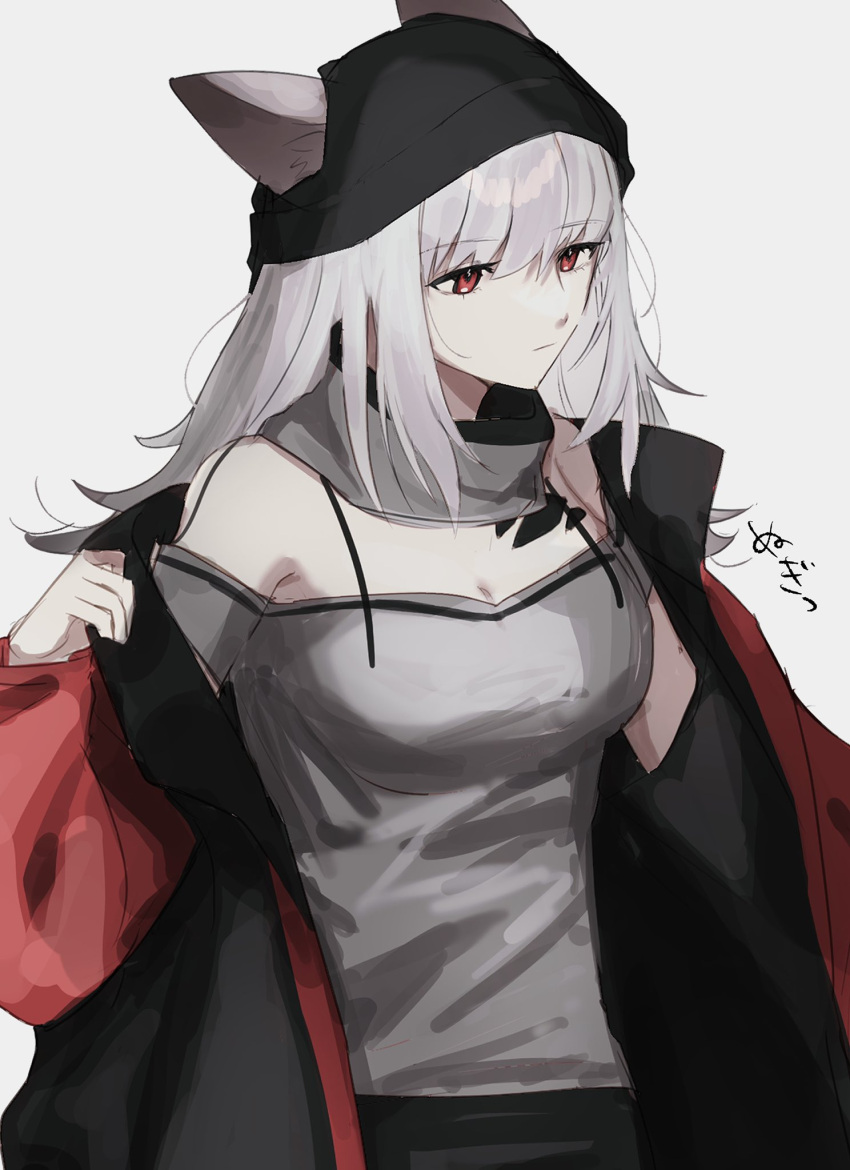 animal_ears arknights beanie black_hat breasts cleavage ears_through_headwear female fox_ears fox_girl frostleaf_(arknights) grey_hair grey_shirt hat highres inu_to_milk jacket long_hair long_sleeves material_growth medium_breasts off-shoulder_shirt off_shoulder oripathy_lesion_(arknights) red_eyes red_jacket shirt simple_background solo upper_body white_background