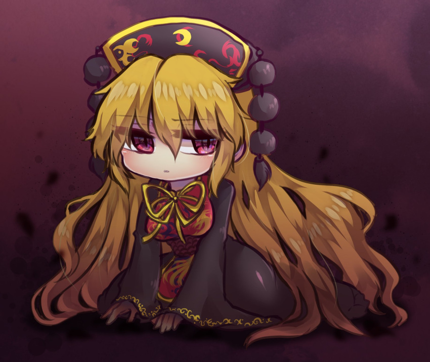 :| black_sleeves blonde_hair breasts chinese_clothes closed_mouth commentary_request female fox_print hair_between_eyes hands_on_ground highres junko_(touhou) large_breasts long_hair long_sleeves looking_to_the_side neck_ribbon obi phoenix_crown purple_background red_eyes ribbon sash simple_background sitting slit_pupils solo tabard touhou unime_seaflower wariza wide_sleeves yellow_ribbon