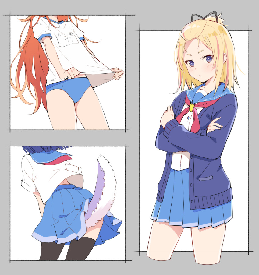 3girls bangs_pinned_back black_thighhighs blonde_hair blue_buruma blue_cardigan blue_sailor_collar blue_skirt buruma cardigan clothes_lift cowboy_shot crossed_arms e_(eokiba) flip_flappers gym_uniform head_out_of_frame highres kokomine_cocona lifting_own_clothes long_hair medium_hair multiple_girls name_tag neckerchief open_cardigan open_clothes papika_(flip_flappers) pleated_skirt purple_eyes red_hair red_neckerchief sailor_collar school_uniform serafuku shirt shirt_lift short_hair short_sleeves skirt tail thighhighs very_long_hair white_shirt yayaka