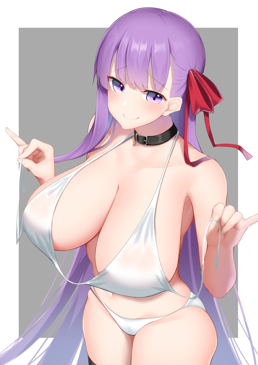 bare_shoulders bb_(fate) bb_(fate/extra) blush breasts breasts_apart cleavage commentary_request fate/extra fate/extra_ccc fate_(series) female hair_ribbon highres kitajima_yuuki large_breasts long_hair looking_at_viewer partial_commentary purple_eyes purple_hair red_ribbon ribbon solo thighs very_long_hair