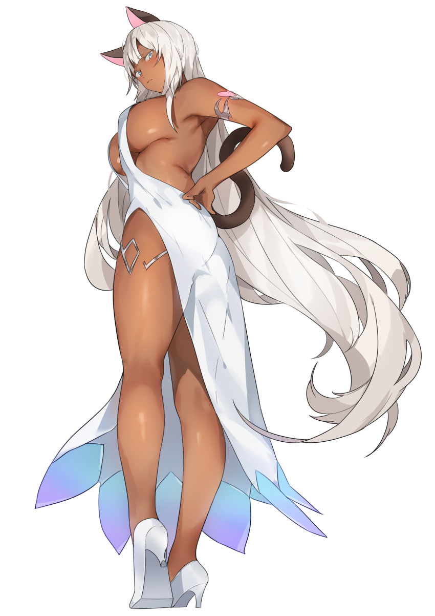 absurdres animal_ears aqua_eyes armlet ass bare_legs blush breasts cat_ears cat_tail commentary_request commission dark-skinned_female dark_skin demon_slayer_(dungeon_and_fighter) dress dungeon_and_fighter female female_slayer_(dungeon_and_fighter) full_body gogoco hand_on_own_hip high_heels highres korean_commentary large_breasts long_dress long_hair looking_at_viewer looking_back revealing_clothes sideboob simple_background solo standing tail thighlet very_long_hair white_background white_dress white_hair