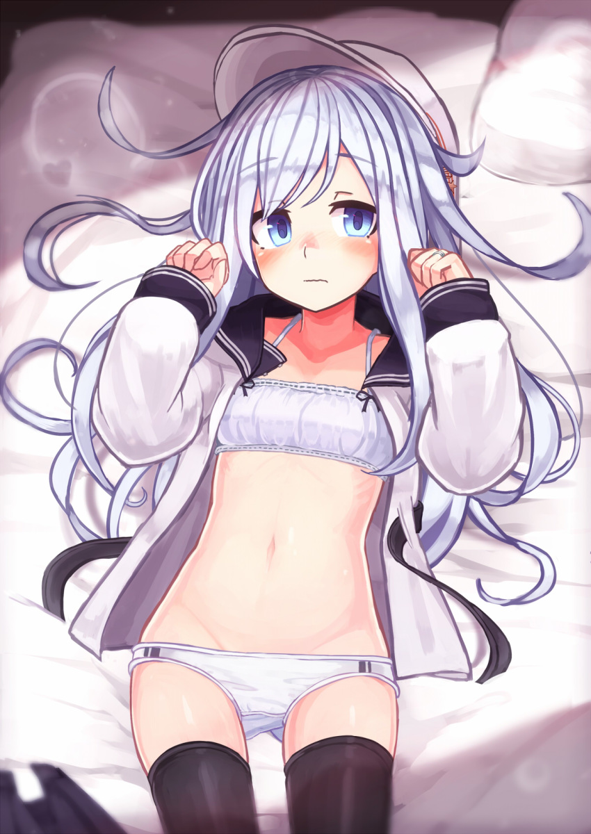 bed bed_sheet black_thighhighs blue_eyes blush bra closed_mouth female flat_cap hat heart hibiki_(kancolle) highres jacket jewelry kantai_collection long_hair long_sleeves lying navel on_back open_clothes open_jacket panties pillow reitou_mikan ring solo thighhighs training_bra underwear verniy_(kancolle) white_bra white_hair white_hat white_panties