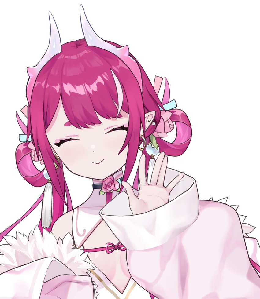 chinese_clothes cleavage_cutout closed_eyes clothing_cutout dragon_girl dragon_horns female fur_trim highres horns indie_virtual_youtuber jacket long_hair low_twintails natsuiro_xx pink_jacket pinky_(vtuber) sleeves_past_wrists thick_eyebrows twintails upper_body virtual_youtuber white_background