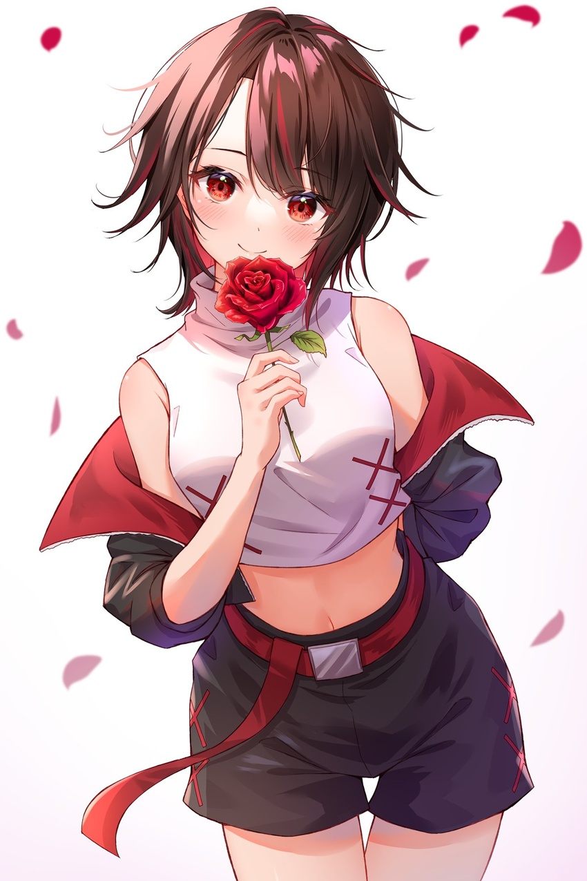 arm_behind_back bare_shoulders belt black_jacket black_shorts brown_hair cowboy_shot crop_top female flower highres holding holding_flower iris_black_games jacket kisaragi_ren_(vtuber) midriff multicolored_hair navel off_shoulder open_clothes open_jacket petals red_eyes red_flower rose shirt short_hair short_shorts shorts sleeveless sleeveless_shirt smile solo streaked_hair toki_(toki_ship8) virtual_youtuber vspo! white_shirt