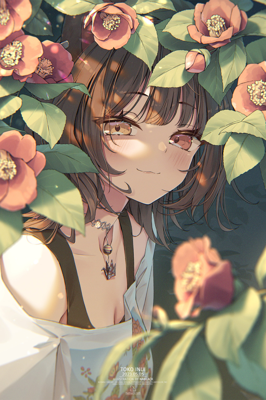 :3 animal_ears artist_name black_tank_top blunt_bangs blush breasts brown_hair camellia character_name cleavage collarbone dappled_sunlight dated dog_ears earrings female floral_print flower heterochromia highres inui_toko inui_toko_(2nd_costume) jewelry kuro-kun_(nablack) looking_at_viewer medium_breasts nijisanji off-shoulder_shirt off_shoulder origami paper_crane red_eyes red_flower shirt sidelocks silver_choker smile solo sunlight tank_top virtual_youtuber white_shirt yellow_eyes