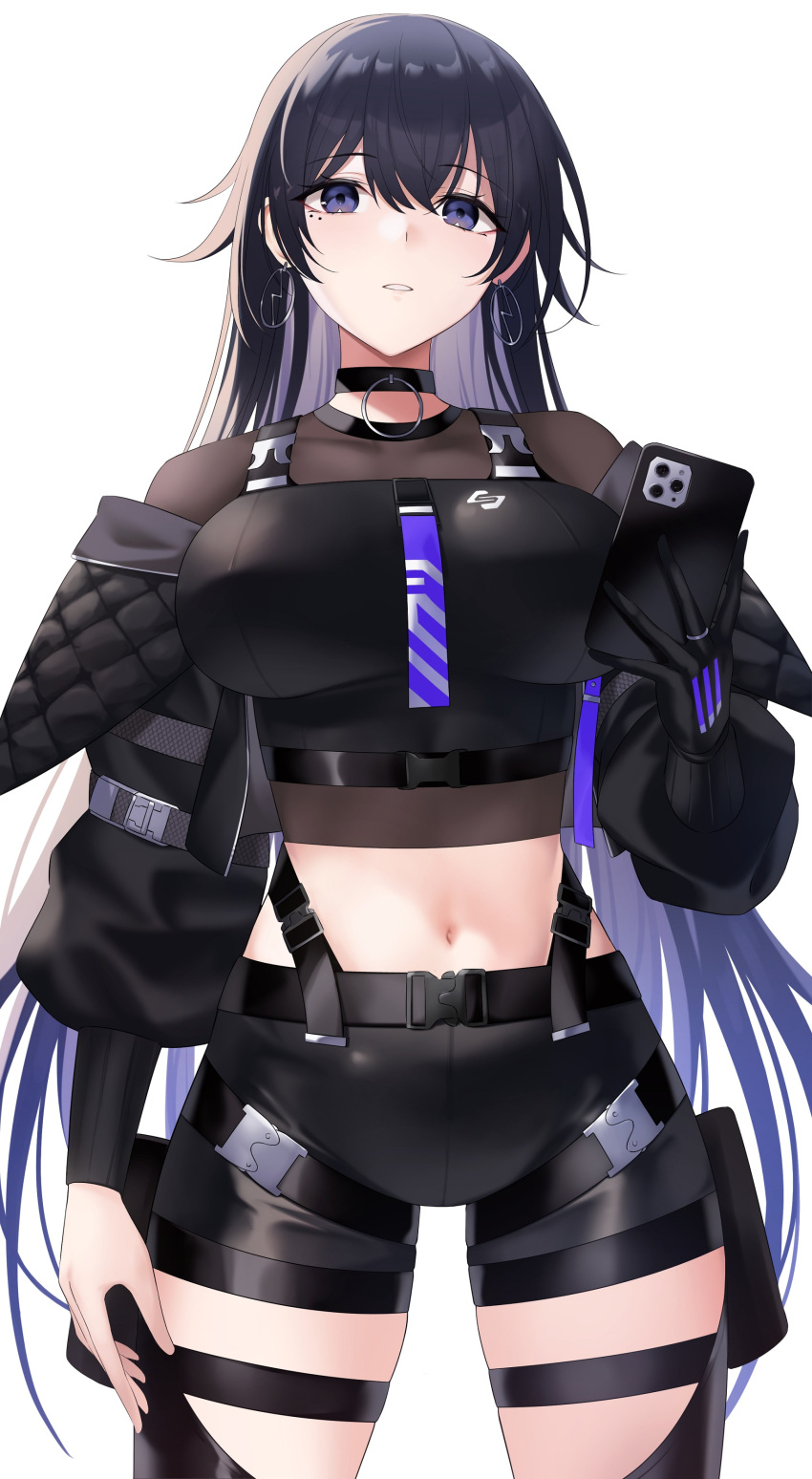 absurdres black_choker black_gloves black_hair black_shirt black_shorts breasts cellphone choker cowboy_shot crop_top earrings female gloves highres holding holding_phone hoop_earrings impossible_clothes impossible_shirt jewelry kamitsubaki_studio koko_(kamitsubaki_studio) large_breasts long_hair long_sleeves looking_at_viewer midriff mole mole_under_eye navel parted_lips phone purple_eyes sateridas shirt short_shorts shorts simple_background single_glove smartphone solo thigh_strap very_long_hair virtual_youtuber white_background