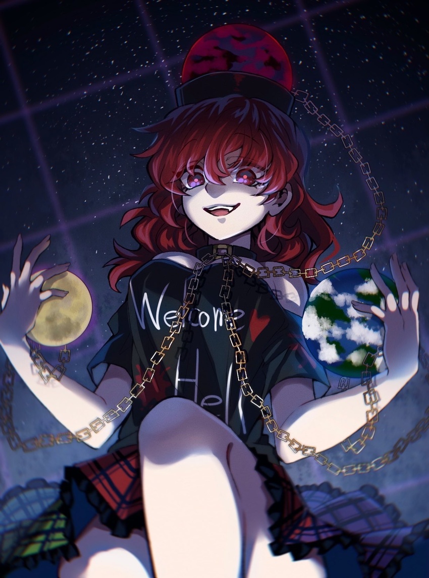 bad_id bad_twitter_id black_choker black_shirt breasts chains choker clothes_writing collarbone commentary_request dream_world_(touhou) earth_(ornament) female fingernails frilled_skirt frills gold_chain hair_between_eyes hecatia_lapislazuli highres legs looking_at_viewer looking_down medium_breasts medium_hair miniskirt moon_(ornament) multicolored_clothes multicolored_skirt nr_myt off-shoulder_shirt off_shoulder open_mouth red_eyes red_hair shirt skirt smug solo t-shirt teeth touhou upper_teeth_only