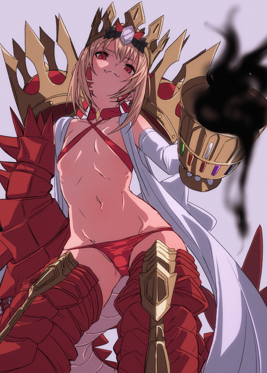 :3 armored_legwear blonde_hair breasts chalice choker crown cup detached_sleeves dragon_claw dragon_tail facial_mark fangs fate/grand_order fate_(series) female flat_chest from_below fu-ta gold_crown hair_between_eyes highres looking_at_viewer navel nero_claudius_(fate) panties pointed_crown queen_draco_(fate) queen_draco_(second_ascension)_(fate) red_eyes red_panties robe scales sidelocks simple_background slingshot_swimsuit small_breasts smile smug solo spilling swimsuit tail underwear white_background white_gemstone white_robe