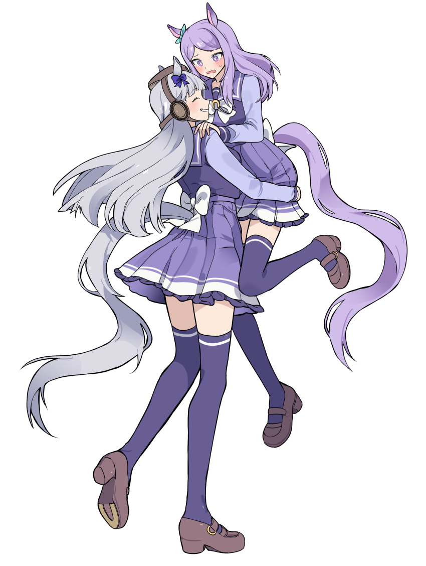 2girls absurdres animal_ears blush bow bowtie brown_footwear brown_headwear closed_eyes ear_bow full_body furrowed_brow gold_ship_(umamusume) grey_hair grin hat high_heels highres horse_ears horse_girl horse_tail lifting_person loafers long_hair long_sleeves looking_at_another mary_janes mejiro_mcqueen_(umamusume) multiple_girls open_mouth purple_eyes purple_hair purple_shirt purple_skirt purple_thighhighs sailor_collar school_uniform shirt shoes simple_background skirt smile standing standing_on_one_leg sweat tail thighhighs tracen_school_uniform umamusume unneul white_background