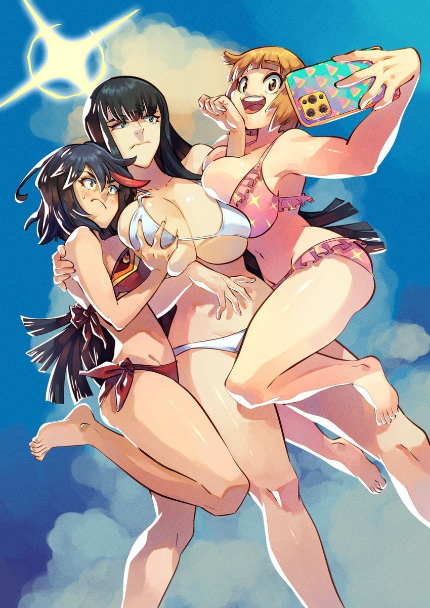 3girls bikini black_hair blue_eyes blue_sky breasts brown_eyes brown_hair cellphone cleavage grabbing grabbing_another's_breast highres kill_la_kill kiryuuin_satsuki large_breasts long_hair mankanshoku_mako matoi_ryuuko multicolored_hair multiple_girls phone pink_bikini pushing rafchu red_bikini red_hair selfie senketsu short_hair sky smartphone smile streaked_hair swimsuit white_bikini