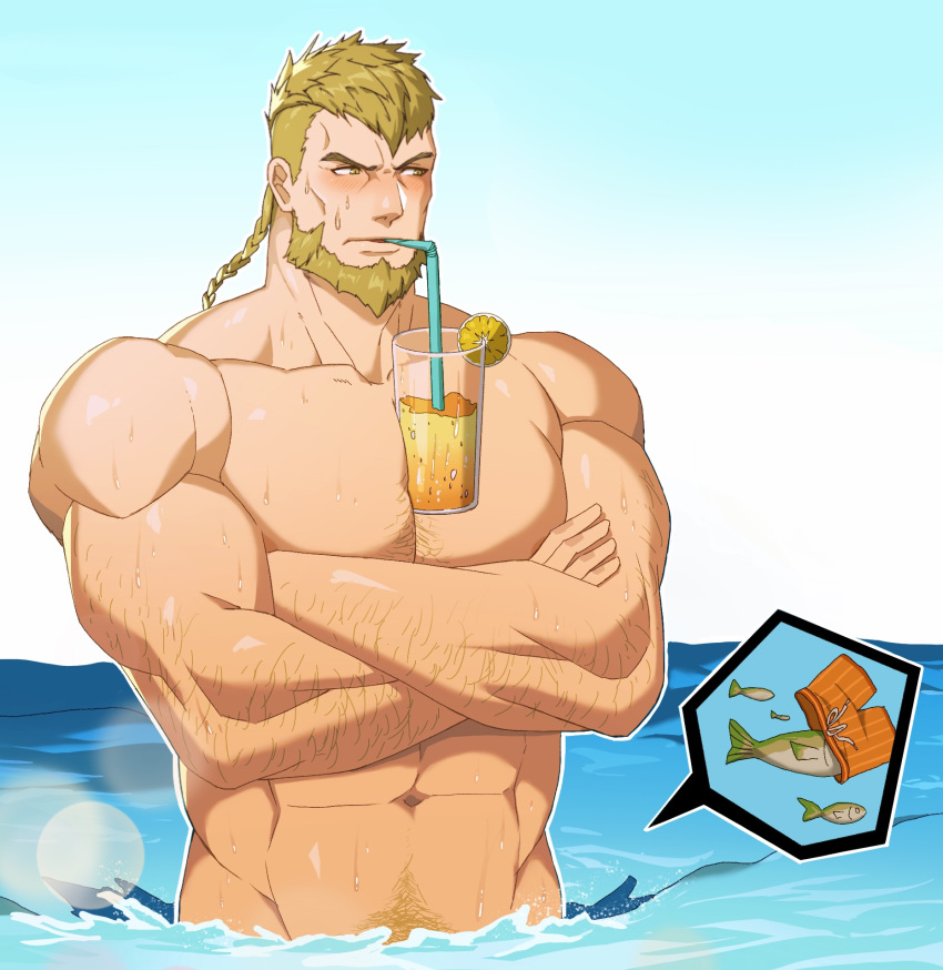 1boy abs arm_hair bara beard blonde_hair blush chest_hair cup drinking drinking_straw facial_hair fire_emblem fire_emblem:_three_houses highres jeralt_reus_eisner large_pectorals male_focus muscular muscular_male navel partially_submerged pectorals short_hair solo water zhuganchangjiadan