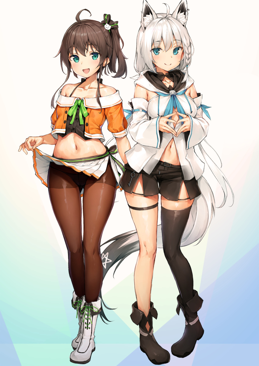 2girls :d ahoge animal_ear_fluff animal_ears aqua_eyes bare_shoulders black_footwear black_panties black_shirt black_shorts black_thighhighs blue_eyes boots bow braid breasts brown_hair brown_legwear clothes_lift collarbone commentary crop_top detached_sleeves fold-over_boots fox_ears fox_girl fox_tail front_slit full_body hairbow halterneck highres hololive hood hood_down jacket lifting_own_clothes long_hair long_sleeves looking_at_viewer medium_breasts midriff miniskirt multiple_girls natsuiro_matsuri natsuiro_matsuri_(1st_costume) navel off-shoulder_jacket off_shoulder open_mouth orange_jacket panties pantyhose pleated_skirt shirakami_fubuki shirakami_fubuki_(1st_costume) shirt short_shorts shorts side_ponytail single_thighhigh skirt skirt_lift smile spaghetti_strap standing stomach sy4 tail thigh_strap thighhighs thighs undershirt underwear very_long_hair virtual_youtuber white_footwear white_hair white_shirt white_skirt