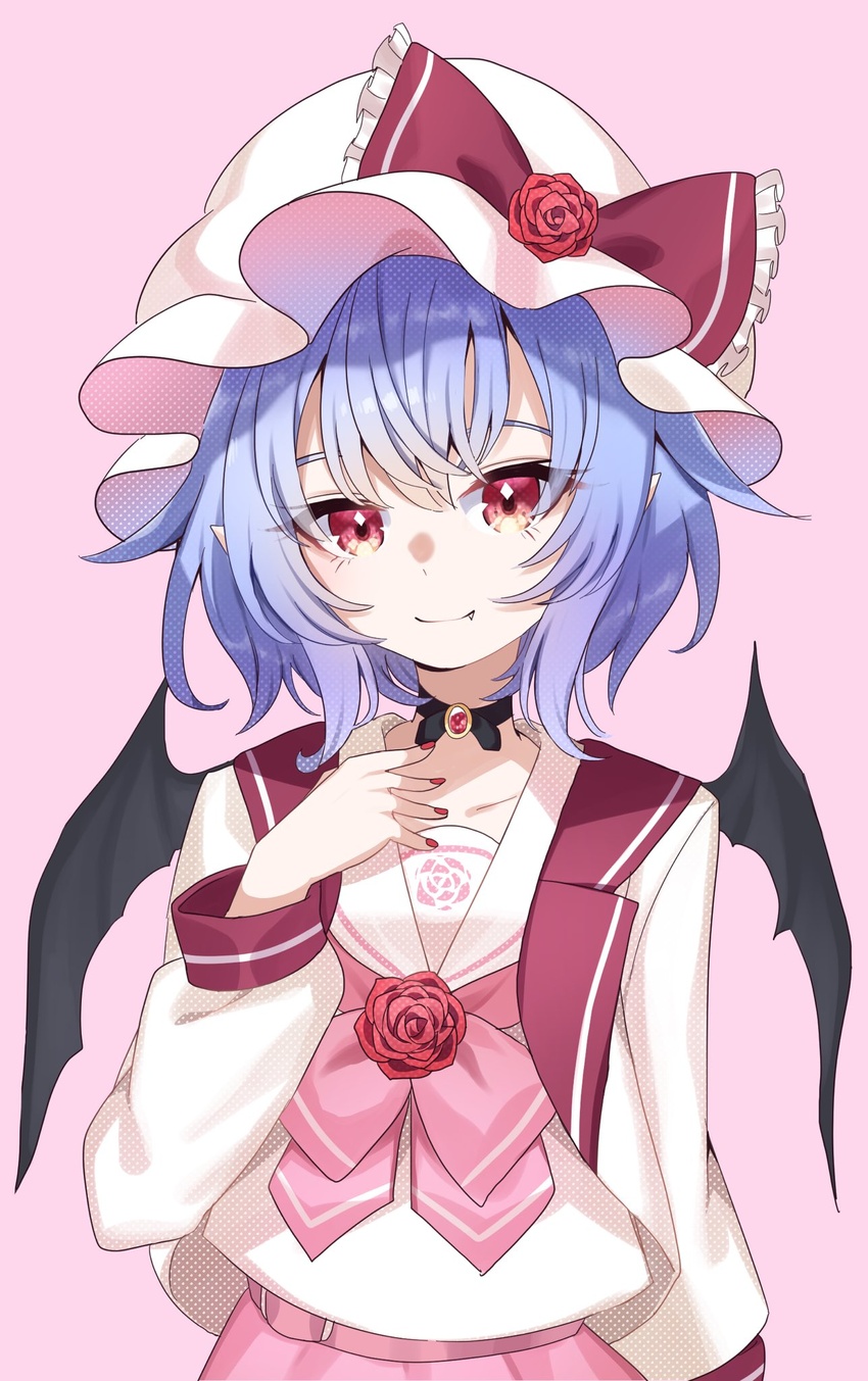 alternate_costume ametama_(runarunaruta5656) arm_up bat_wings black_choker blush bow choker collarbone diamond-shaped_pupils diamond_(shape) fang_out female flat_chest flower frilled_bow frills hat hat_bow hat_ribbon highres long_sleeves looking_at_viewer mob_cap nail_polish oerba_yun_fang pink_background pink_skirt purple_hair red_bow red_eyes red_nails red_ribbon remilia_scarlet ribbon rose shirt short_hair simple_background skirt smile solo standing symbol-shaped_pupils touhou upper_body white_shirt wings