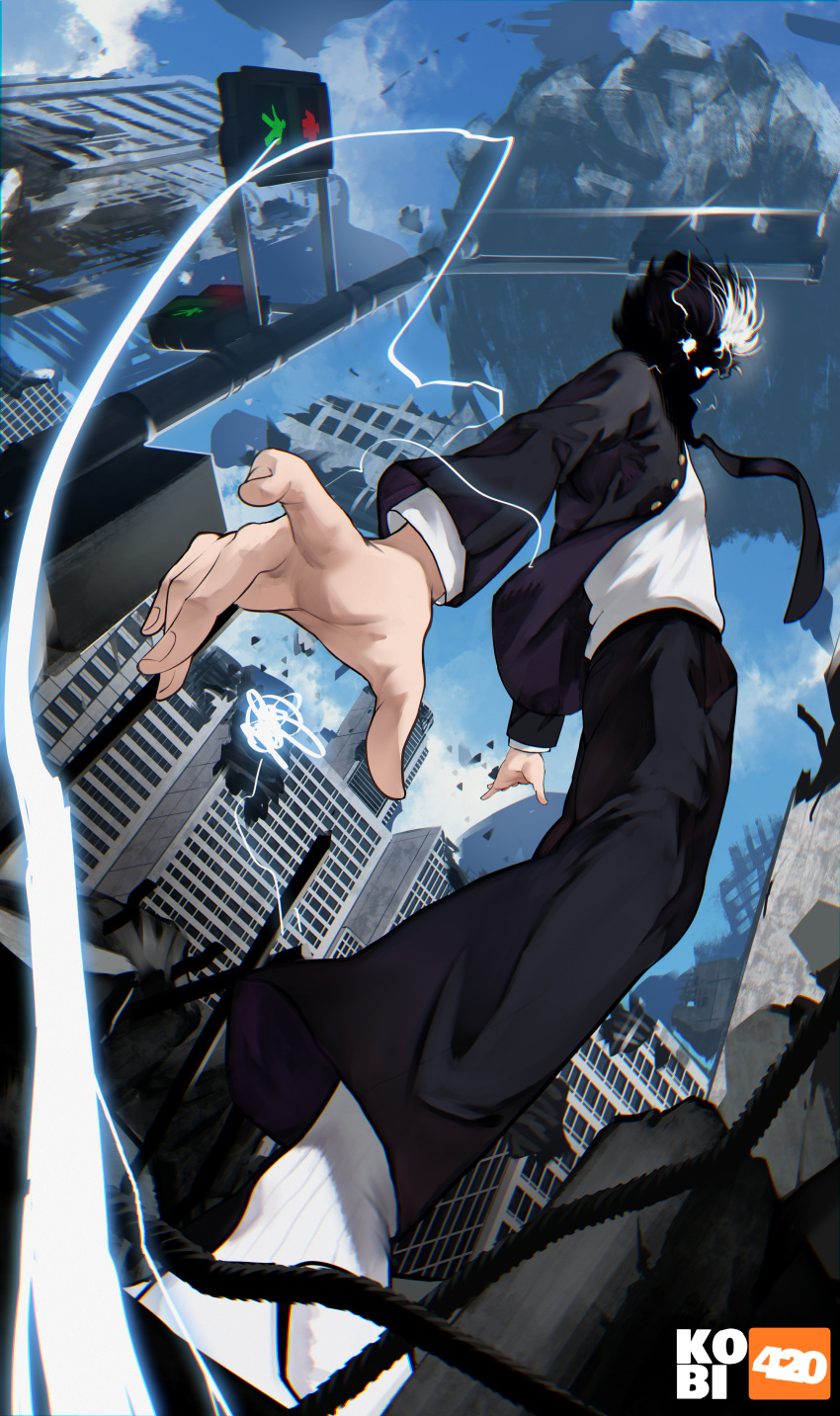 1boy absurdres artist_name black_hair black_pants bowl_cut building city cityscape electricity energy energy_ball floating floating_hair flying full_body gakuran glowing glowing_eyes highres kageyama_shigeo kageyama_shigeo_(???) kobi420 long_sleeves looking_at_viewer male_focus mob_psycho_100 necktie outdoors pants psychic school_uniform shaded_face shirt short_hair sky solo telekinesis traffic_light white_shirt